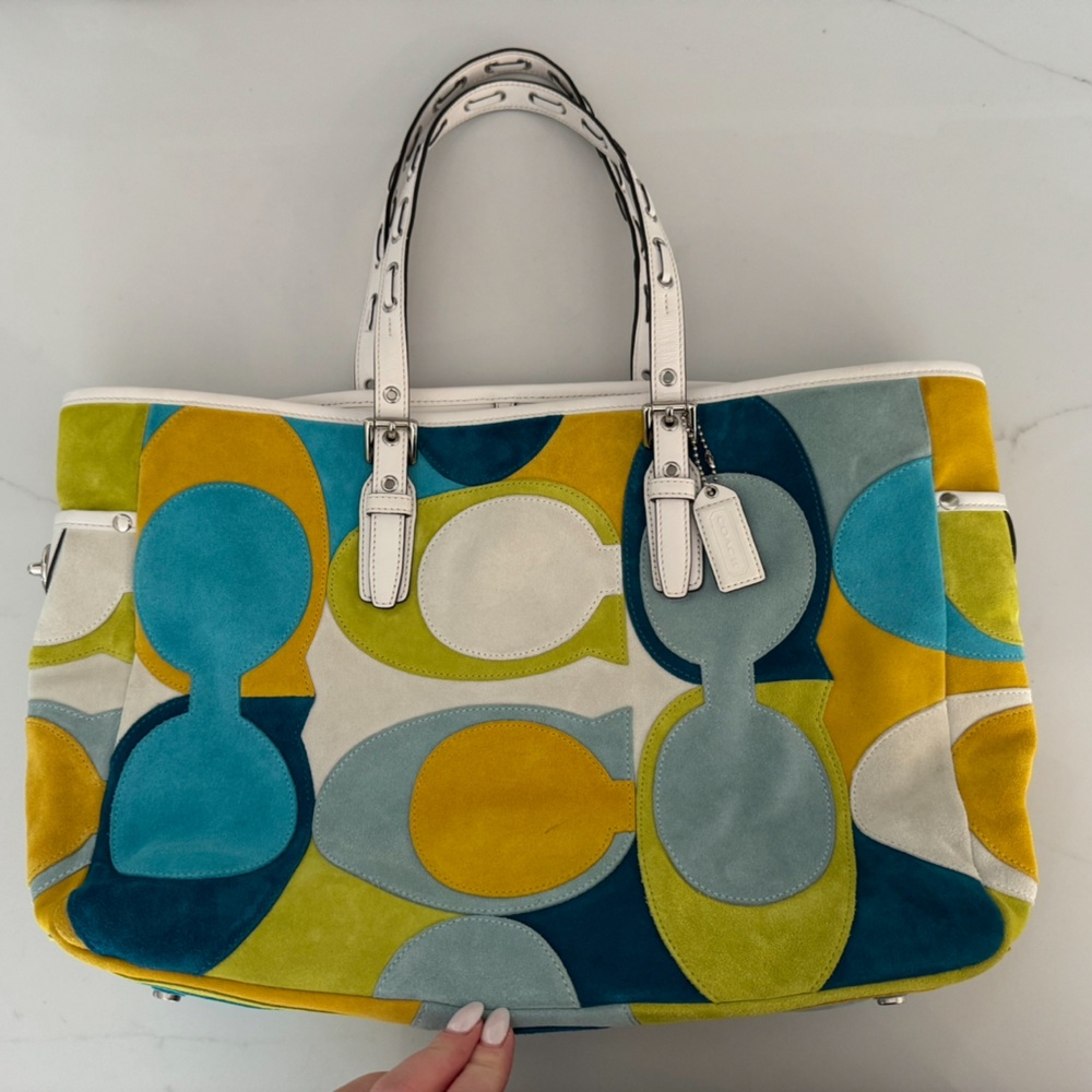 Coach Optic Suede Gallery Tote Blue Green Yellow Suede